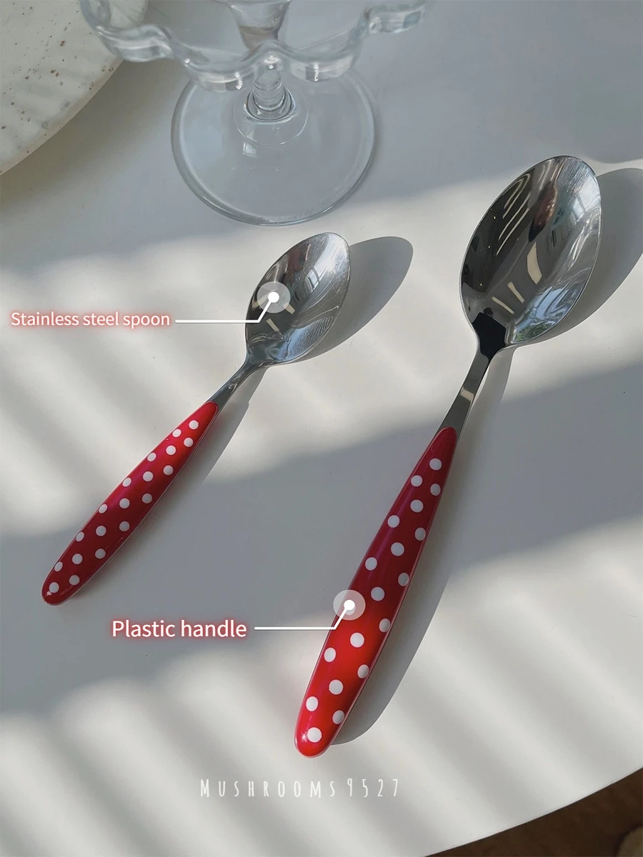 Mushrooms 9527  Korean Girl Red Polka Dot Spoon Stainless Steel French Retro Home Dessert Western Spoon Coffee Spoon