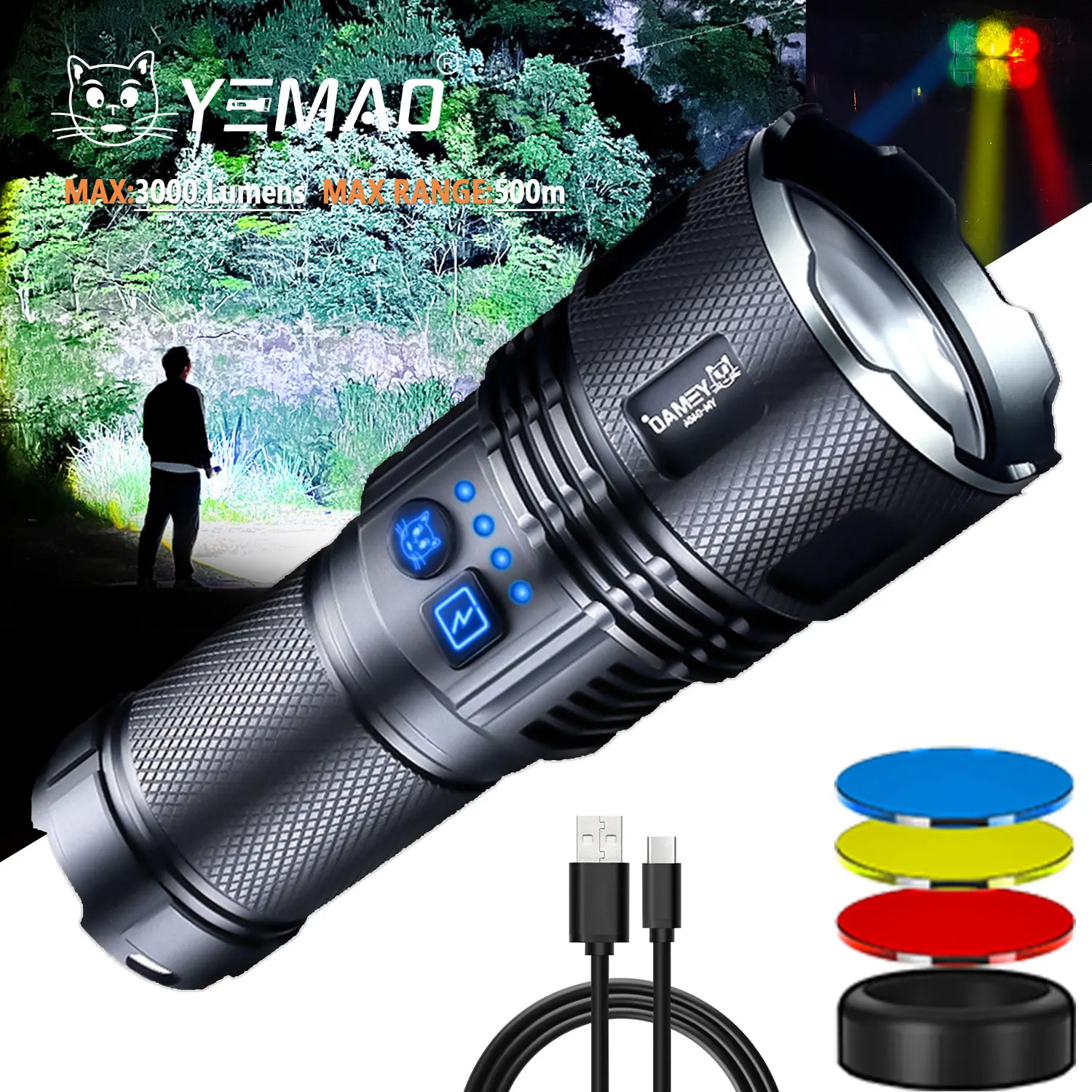 

YEMAO G404 ZOOM Strong Light Flashlight USB Rechargeable Flashlight Long Range 300M AA Battery Torch Light for Fishing Hunting