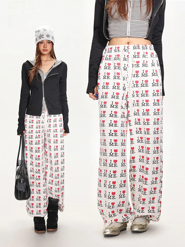 

Loose Comfortable Women's Casual Pants Autumn Spring Letter Print High Waist Wide Leg Elastic Waist Slimming Straight Leg Pants