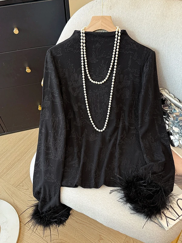 New Chinese Style Long Sleeve T-Shirt with Vest Neckline Half High Collar Embroidered Ostrich Feather Cuff Base Shirt Autumn ...