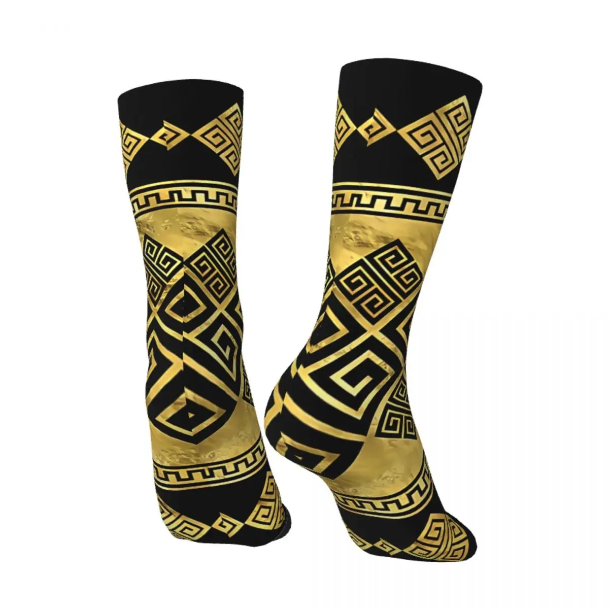 Hip Hop Vintage Greek Key Black And Gold Crazy Men\'s Socks Unisex Greek Meander Street Style Seamless Printed Crew Sock