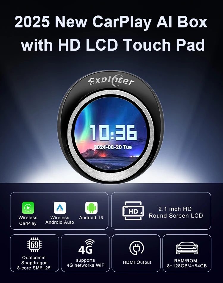 EXPLOTER ApplePie Touch CarPlay AI Box for OEM Wired Apple Carplay, 2.1" HD Touch Pad, Android 14, Dual WiFi, 4G Sim Card HDMI view 2