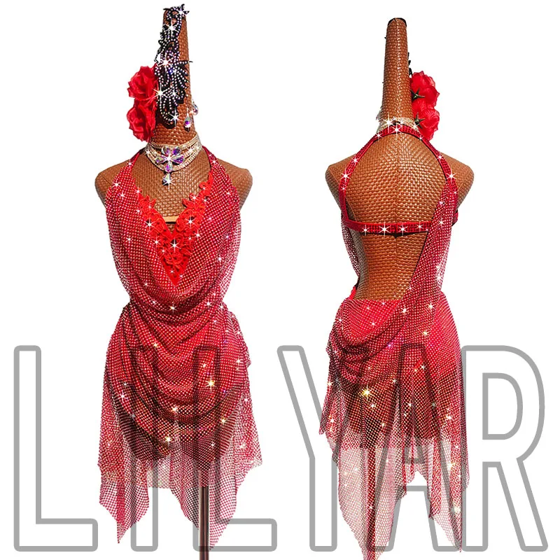 New High-End Latin Dance Competition Performance Costumes For Women\'s Adult Red Sparkling Diamonds Show Thin And Backless Appear