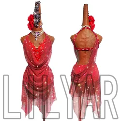 New High-End Latin Dance Competition Performance Costumes For Women's Adult Red Sparkling Diamonds Show Thin And Backless Appear