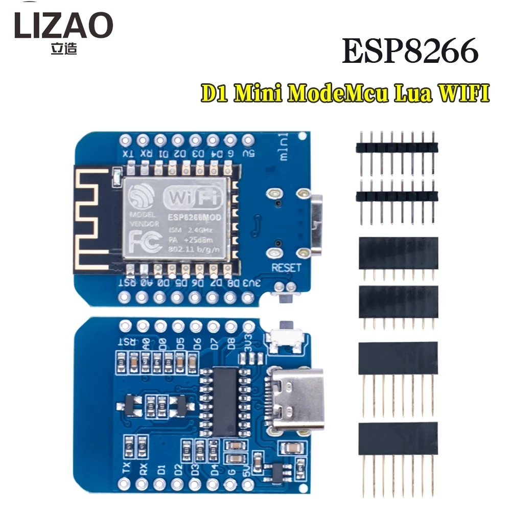 D1 Mini Type-C ESP8266 ESP-12F CH340G V2 WiFi Board, NodeMCU Lua IoT Development Module with Pins, 3.3V for Arduino