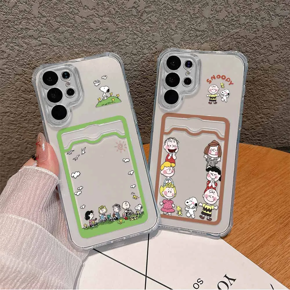 Cute Snoopies Cartoon Card Hold Phone Case For Xiaomi 13 12 12T 11 Lite Poco M5 M4 X5 X4 X3 Pro NFC 4G 5G Anti-fall Clear Cover