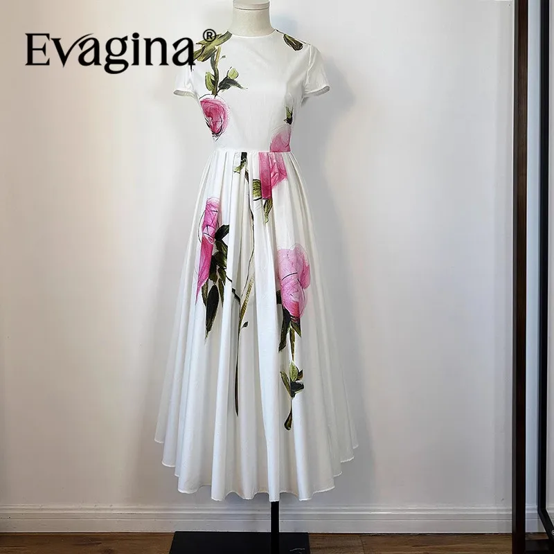 

Evagina Fashion Design Women's Cotton White Printed Fairy Skirt Positioned Flower Sleeves Large Swing Beach Vacation Dress