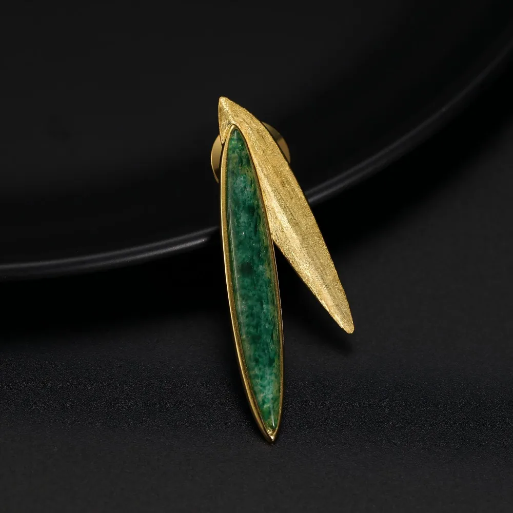 

Lotus Fun Wind and Bamboo Real 925 Sterling Silver Natural Green Jade Stones Brooch Fine Jewelry Oriental Aesthetics Design