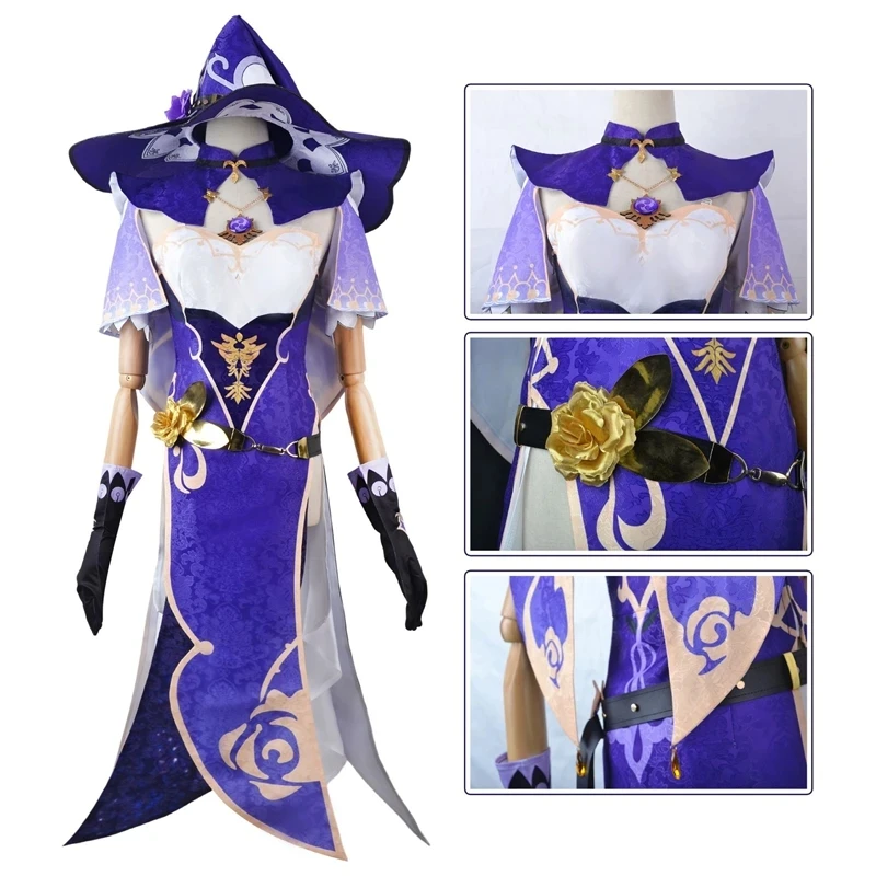 Genshin Impact Lisa Traje de RPG para Adulto, Anime Halloween Costume, Uniforme de Jogo Feminino, Peruca de Carnaval