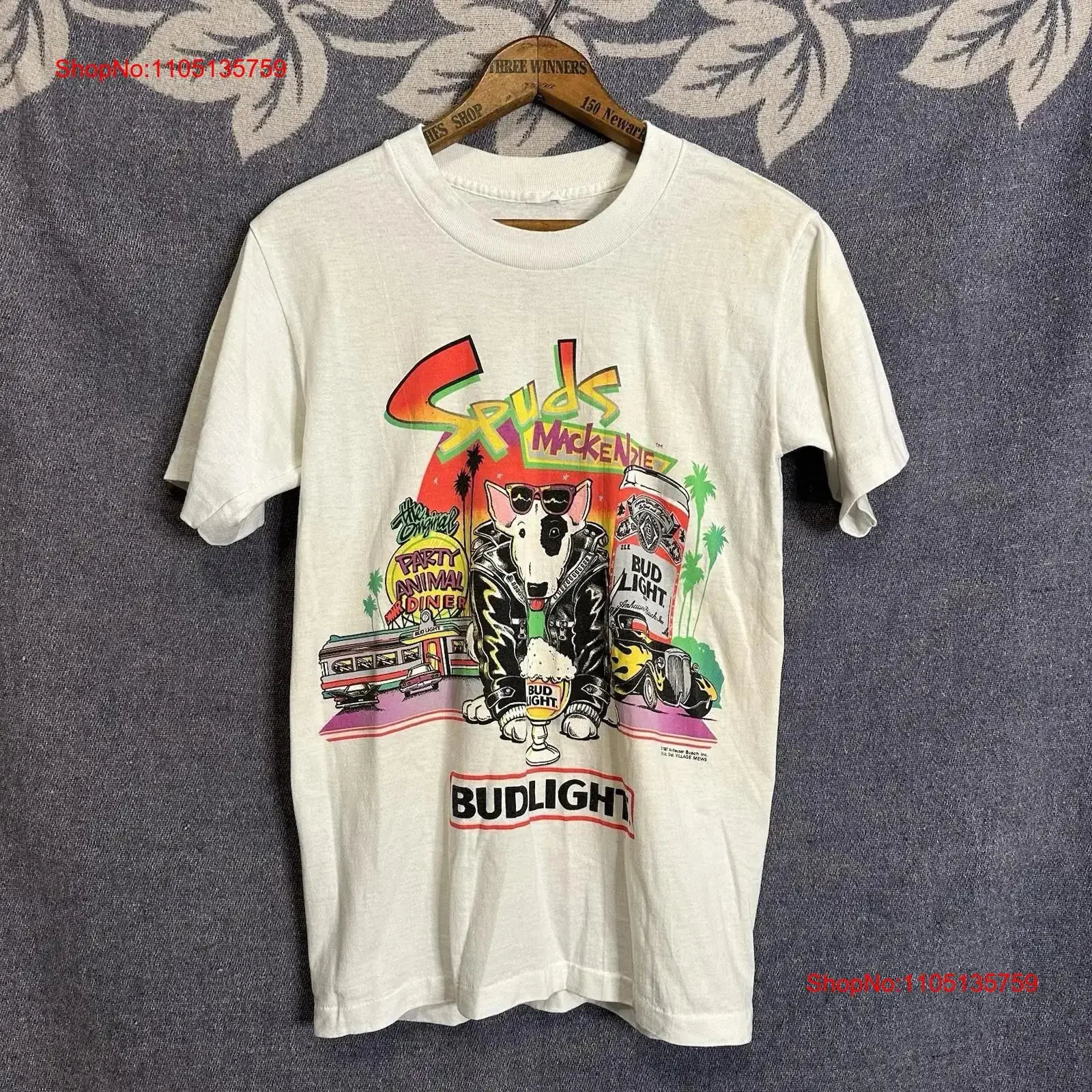 

Винтажная футболка 80-х годов Spuds Mackenzie Bud Light, оригинальная вечерняя футболка среднего белого цвета, винтажная стираная повседневная футболка унисекс с графикой