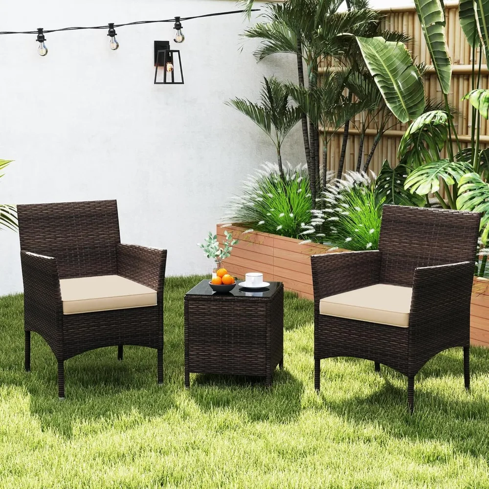 

Patio Furniture Set, Outdoor Wicker Patio Chairs with Soft Cushions & Tempered Glass Top Table,PE Rattan Bistro Set for Porch