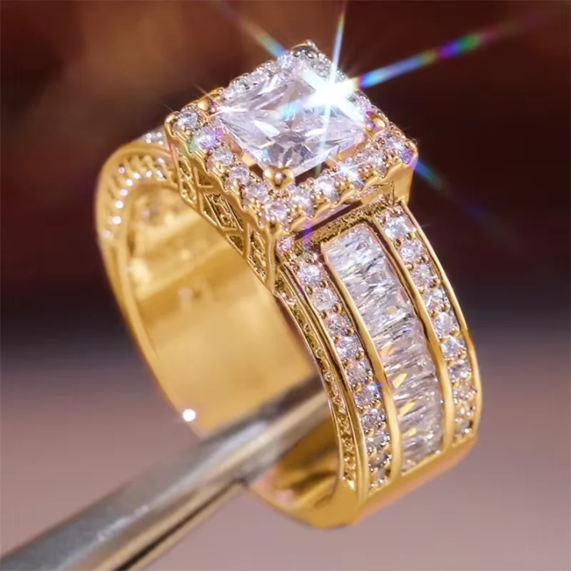 Princess Cut Cubic Zirconia Women Rings Gold Color Luxury Wedding Party Accessories Fashion Jewelry R6907