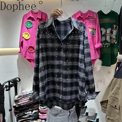 2025 New Spring All-match Plaid Cardigans Top Mid-long Diamond Women Shirts Elegant Single-breasted Oversize Full Sleeve Blouses