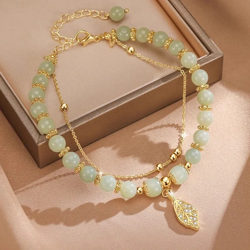 Grünes Jade-Armband im chinesischen Stil für Frauen, exquisites goldfarbenes Blätter-Armband, Doppelketten-Armband, Mädchen-Geschenke