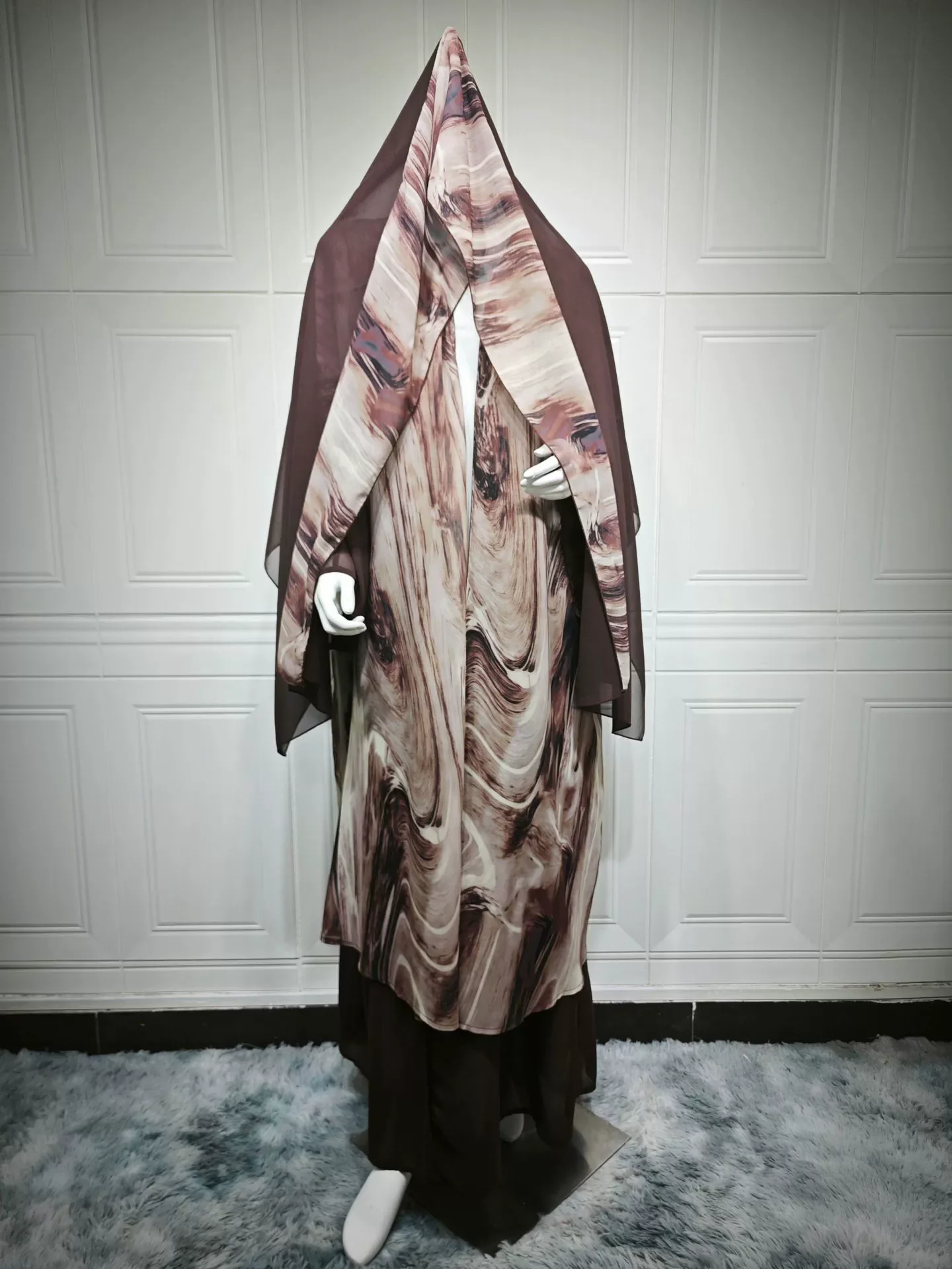 Jaqueta cardigã abaya estampada marrom com capuz islâmico, robe casual elegante com capuz, robe dubai feminino muçulmano