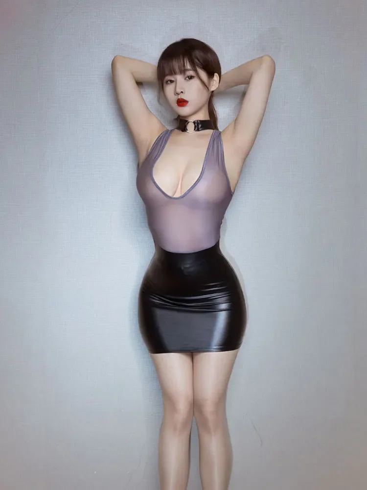 Vestido tubo de retales de malla transparente de PU para mujer, Sexy, de doble uso, cuello alto, ultracorto, envoltura de cadera, ropa ajustada para discoteca nocturna