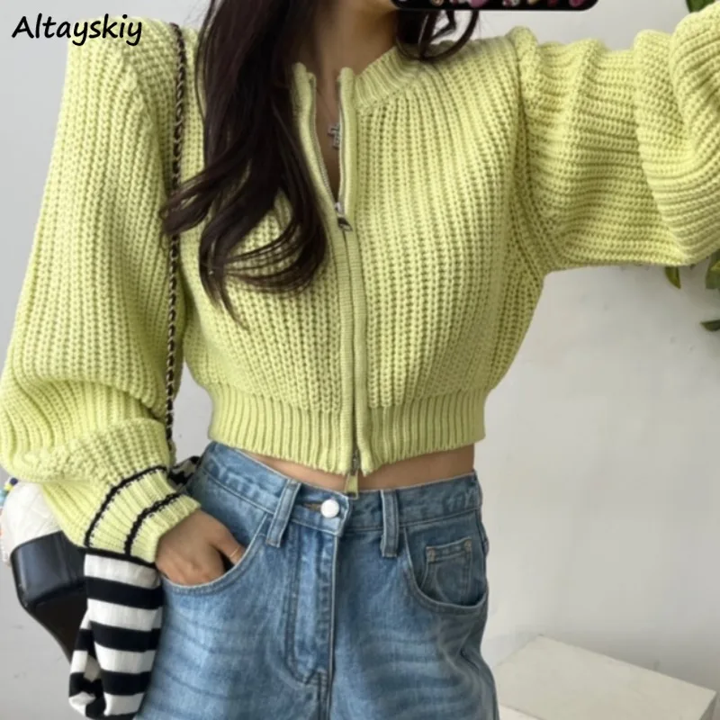 Chic Jackets for Women Sweet Cool Girls Clothing Spring Autumn O-neck Solid Simple Zipper O-neck Fashion All-match Soft Knitted