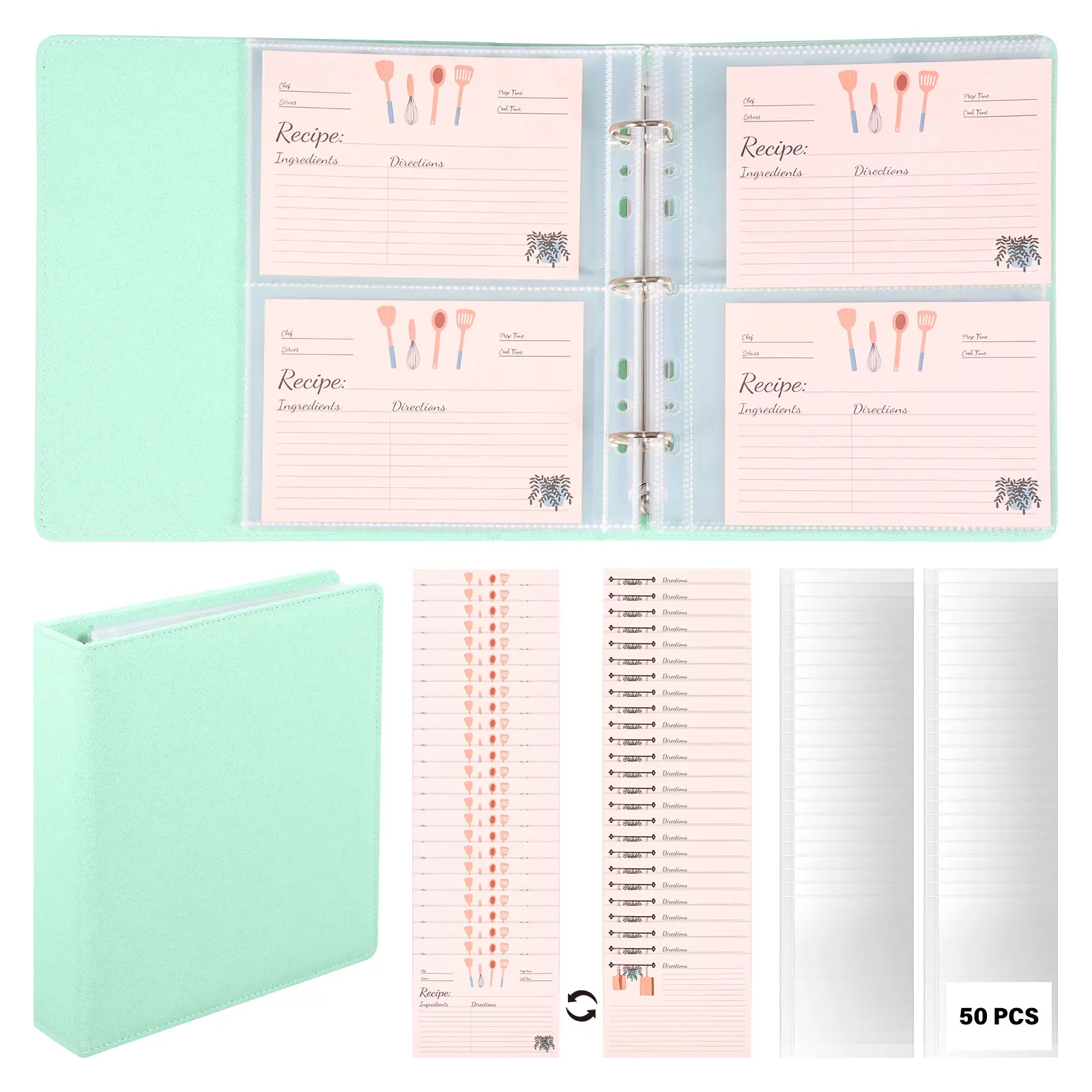 Recipe Card Binder with Clear Sleeve Cooking Recipe Card Page Protector Recipe Card Sleeve with 50Pcs Recipes Cards for Kitchen