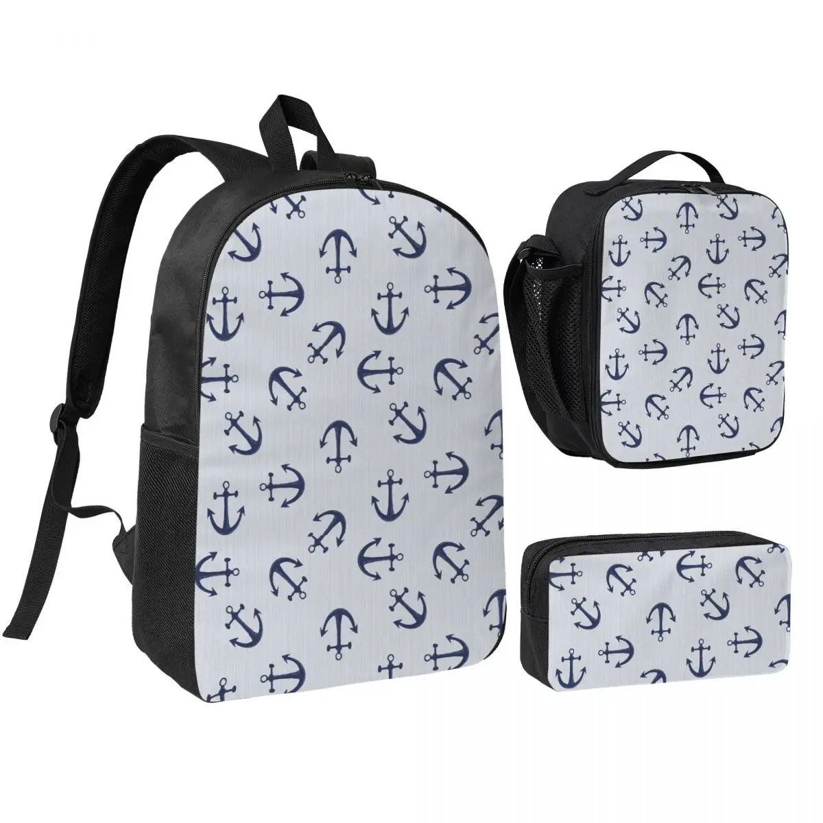 Maritime Pattern Of Blue Anchors On Light Gray Backpack BookBag School Bag Shoulder Bags 3ps Insulated Lunch Bag Pencil Case