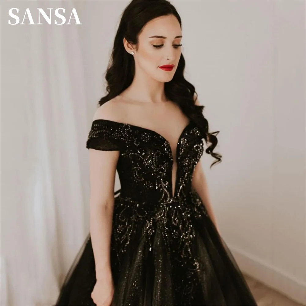 Sansa Black Ball Gown فساتين السهرة  فساتين للحفلات الراقصة Sexy Off Shoulder Prom Dress Shiny Sequins Embroid Party Dress