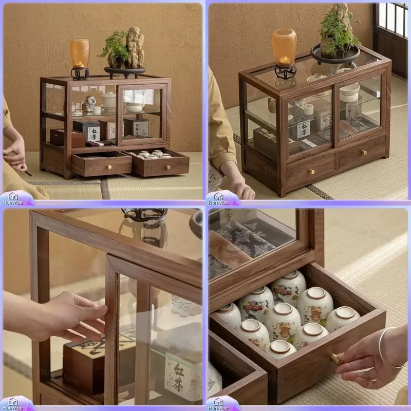 Walnut Transparent Tea Table Storage Box New Chinese Style Multi Layer Desktop Organizer Dustproof Household Furniture Locker