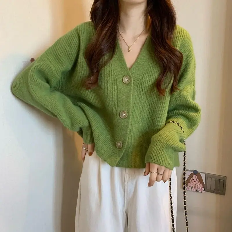 2024 New Autumn and Winter Woman\'s Clothing Loose Jacket V-neck Sweater Cardigan Top Solid Color Simplicity OL Grace Elegant Ins