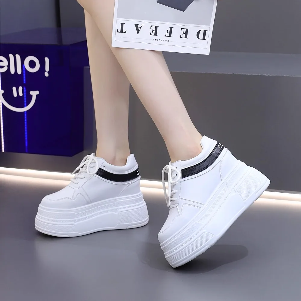 

White Low Top Women's Sneakers with 12cm Hidden Heel and 10cm Chunky Sole Perfect for Short Girls platform shoes sneakers