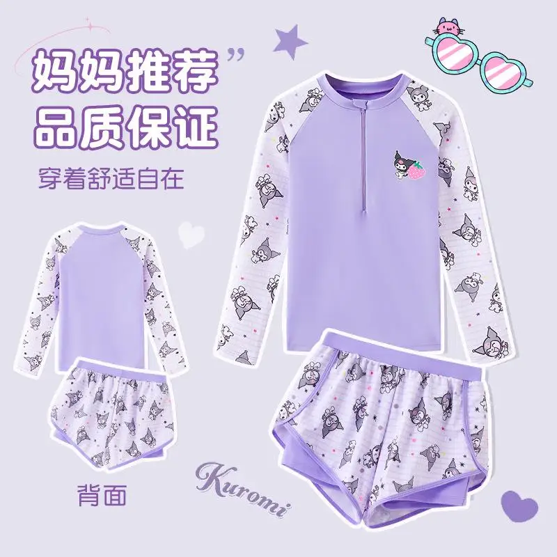 

Kawaii Anime New Children's Split Swimsuit Kuromi Long-Sleeved Shorts Girls Fashion Cartoon Double Layered Flat Corner Pants
