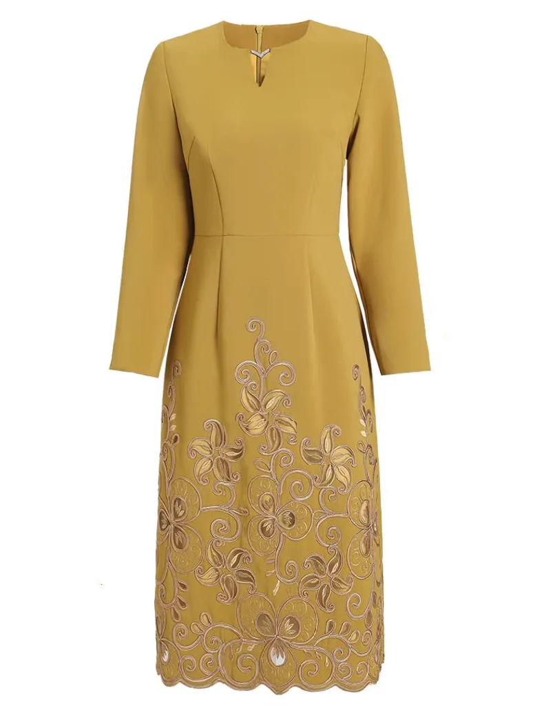 

Bodycon Women's Dress 2023 Autumn Winter Party Events Woman Luxurious Embroidery Deco 3/4 Sleeve Slim Fit Yellow Dress 4XL 3XL