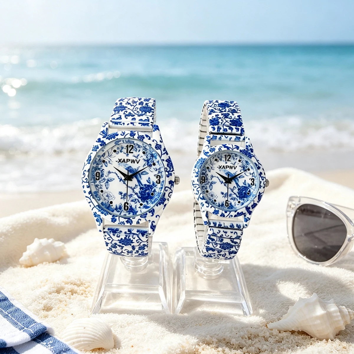 Fashionable Women's Watch, Casual Niche Luxury, Blue and White Porcelain Quartz, New Elastic Strap, Couple's Model, a Pair