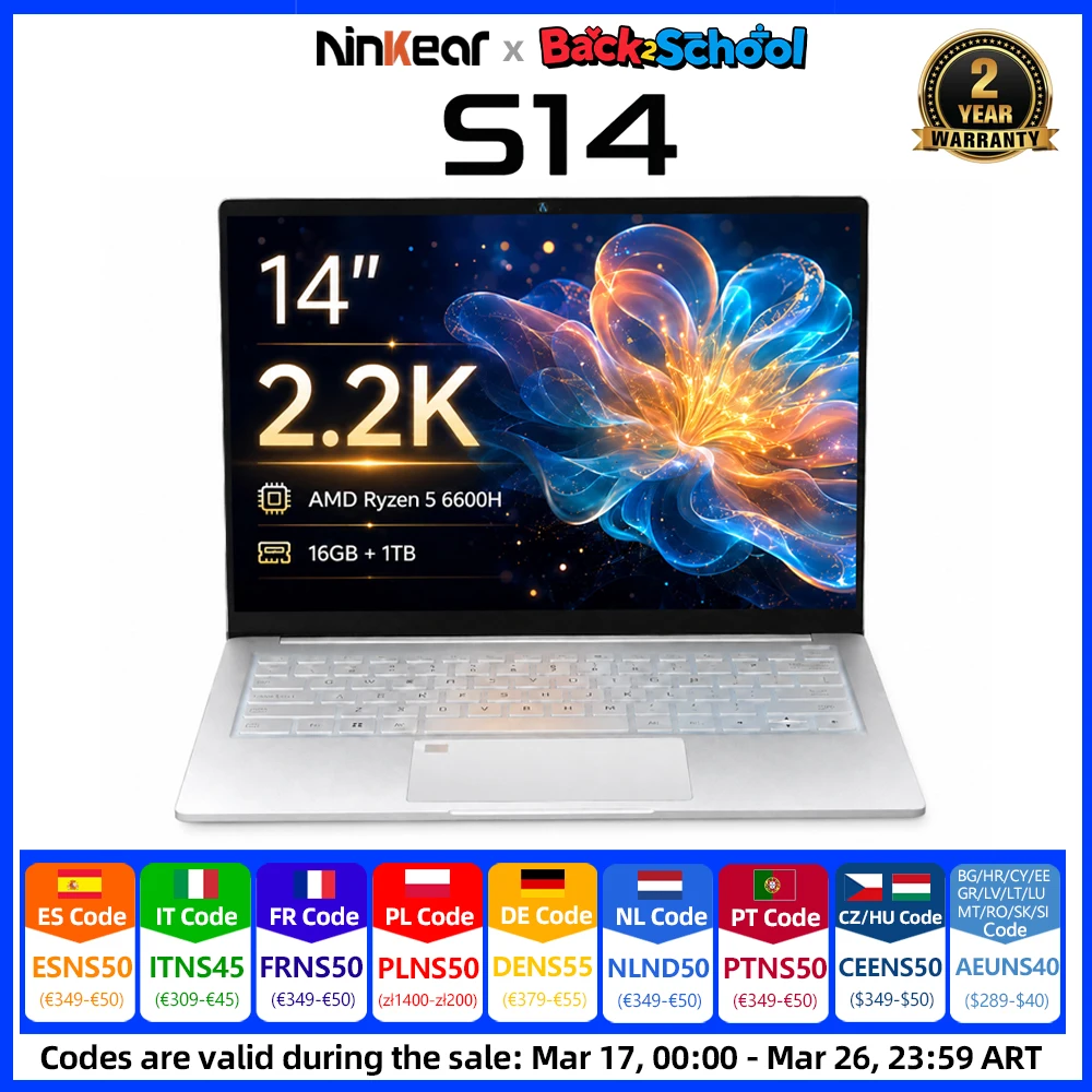 Ninkear S14 Laptop 14 Zoll 2,2K IPS AMD Ryzen 5 6600H 16GB LPDDR5X 1TB SSD Ultraleicht 1KG PD 65W Schnellladung WiFi 6 Bluetooth 5.3 Fingerabdrucksensor Beleuchtete Tastatur Windows 11