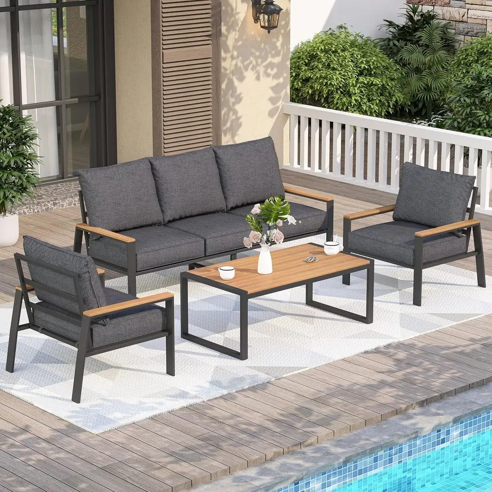 

4-Piece Outdoor Patio Furniture Set with High Back, Wooden Armrests, and Table for Balcony, Porch, or Backyard in Grey