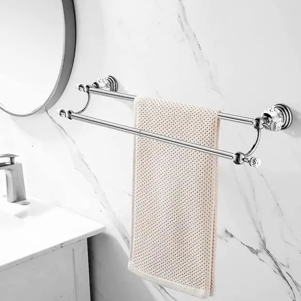 Chrome Towel Bar, Adjustable Double Towel Holder, Silver Crystal Bathroom Towel Racks Wall Mounted