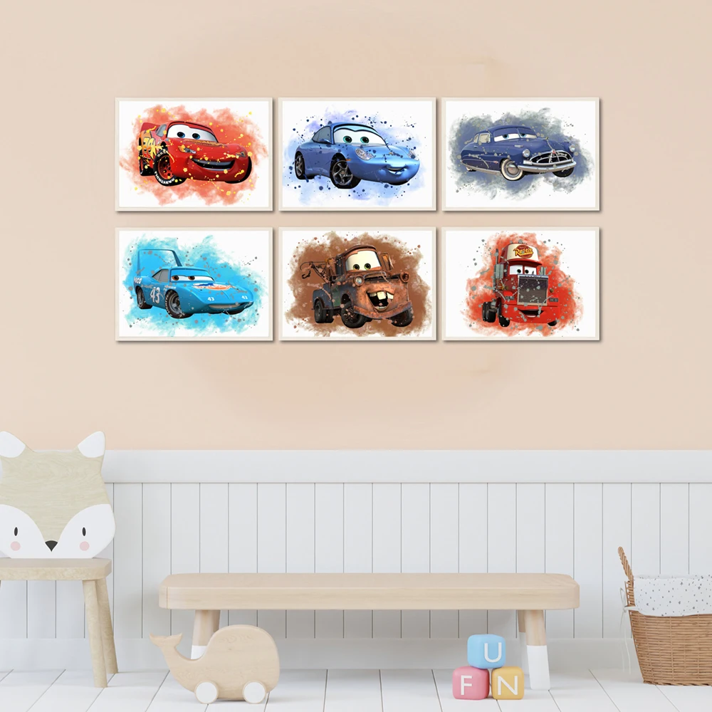 

Disney Set of 6 Car Colorful Watercolor Prints Cartoon Wall Art Canvas Painting Poster Home Bedroom Decor Children's Gifts