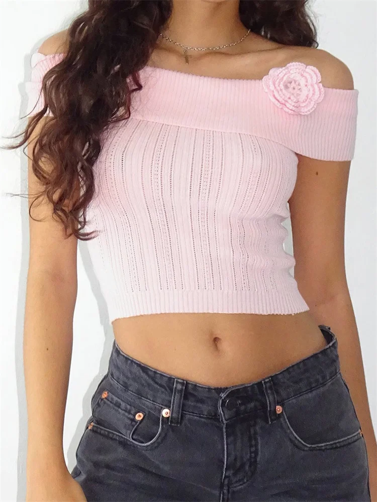 CHRONSTYLE Women Knitted Tees Crop Tops Solid Color 3D Flower Patchwork Slash Neck Off Shoulder Summer Slim T-Shirts Streetwear