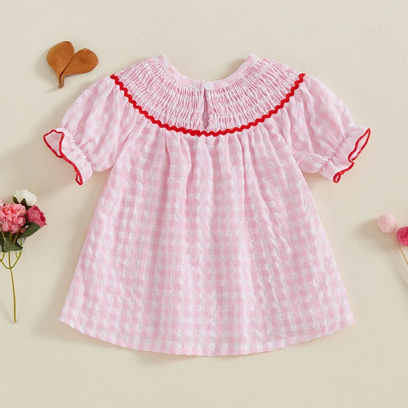 Kids Girl’s Dress Short Sleeve Crew Neck Plaid Embroidery Heart Summer Dress Clothes