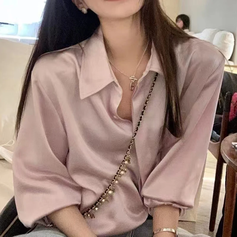 Women Korean Fashion Satin Elegant Button Up Shirt Office Lady Vintage Simple Street Blouse Long Sleeve Solid Loose Tops Blusas