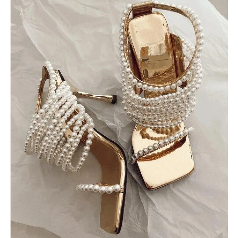 

Glossy Pearl Necklace Straps Slingbacks Sandals Woman Bling Gold Leather Square Peep Toe Gladiator Pumps Evening Dress Shoes