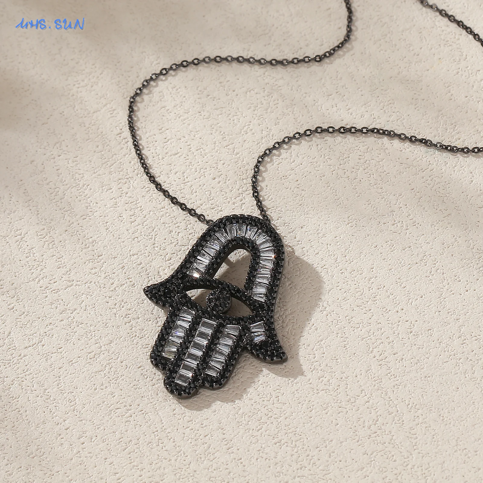 SUNSLL Turkish Evil Eye Hand Palm Hamsa Pendant Necklaces Hip-hop Cubic Zirconia Black Choker Chain Jewelry For Women Men
