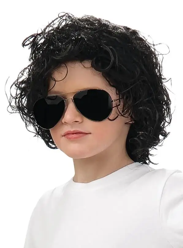 Short Black Curly Rocker Disco Wig with Glasses Boys Wet Look Wig 70s Mullet Wig Michael Jackson Role Play Synthetic Wig For Men