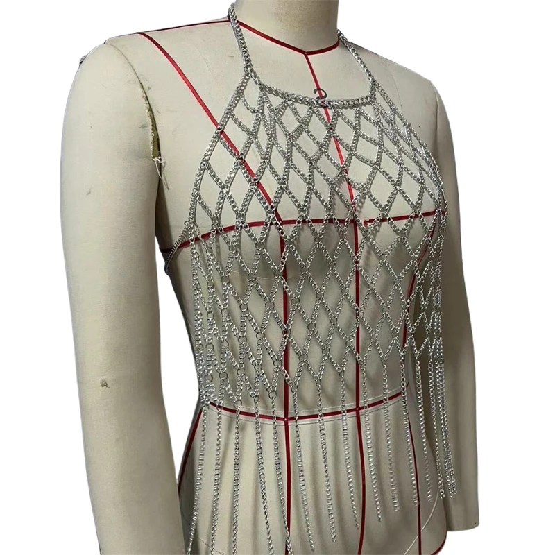Halloween Clubwear Damen Neckholder Körperkette Quasten Netz Harness Top Party Club Outfit Mehrschichtiges Festival Y2K Crop Top Oversized – Detail 3