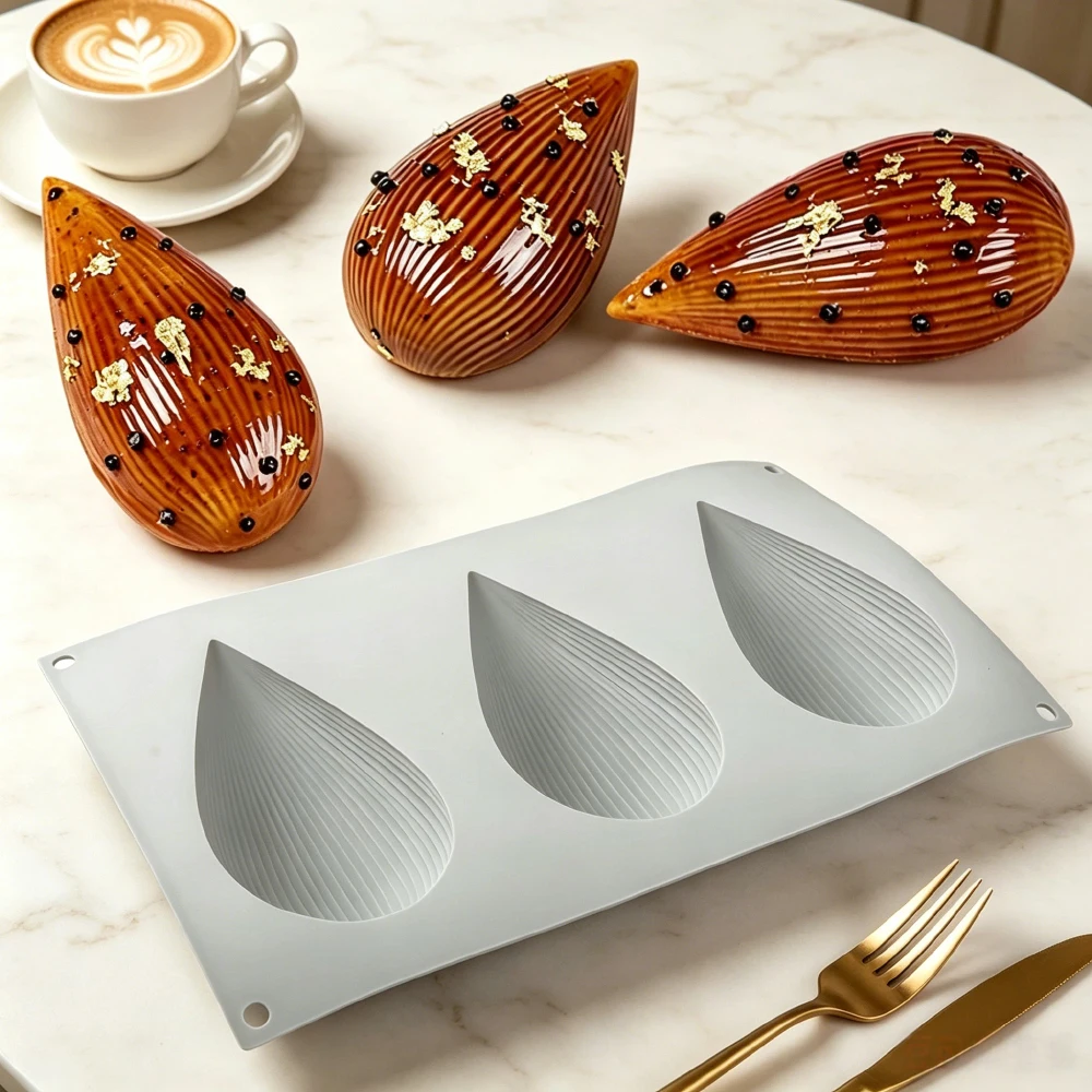 3-Cells Striped Shell Design Easter Egg Silicone Cake Mold Hand Drawn Easter Egg Chocolate Mould Easter Day Dessert Baking Tools - view 3