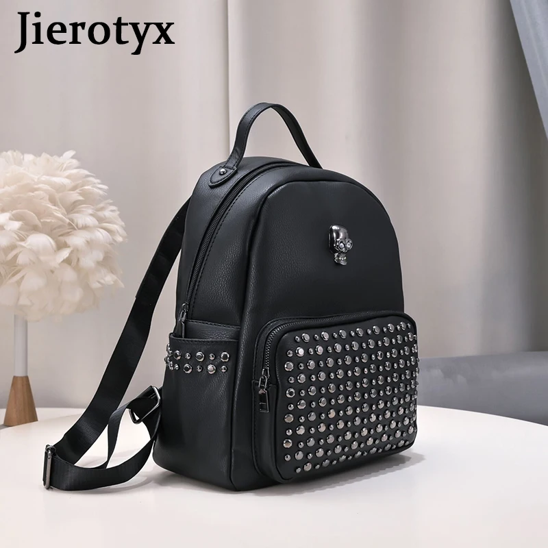 JIEROTYX Trendy Studded Backpack for Women Y2K Goth Style School Bags Daypack for Travel Functional Backpack Purse Vintage Skull