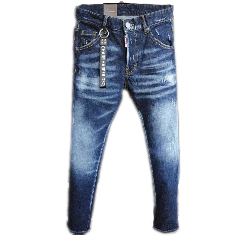 

Chareiharper DSQ 9811 Men's Jeans Straight Fit Elastic Cotton Blue Paint Wash Water Tear Tear Process Italian Design Jeans Men