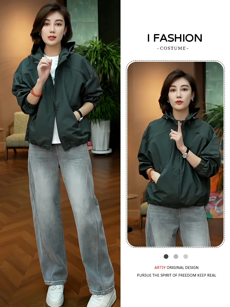 

Casual Loose Outerwear Faionable Outerwear Women's Jaet Autumn New Sle Slimming Top High Collar Zipper Closure Color