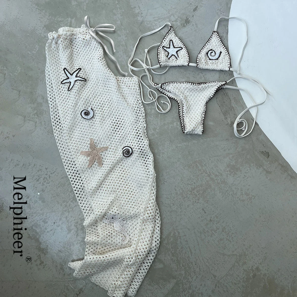 

Star Seashell Knitted Three piece Swimsuit Set With Pant Bikini Inspired Women's Swimwear Beachwear Bathing Suit Vacay Outfit