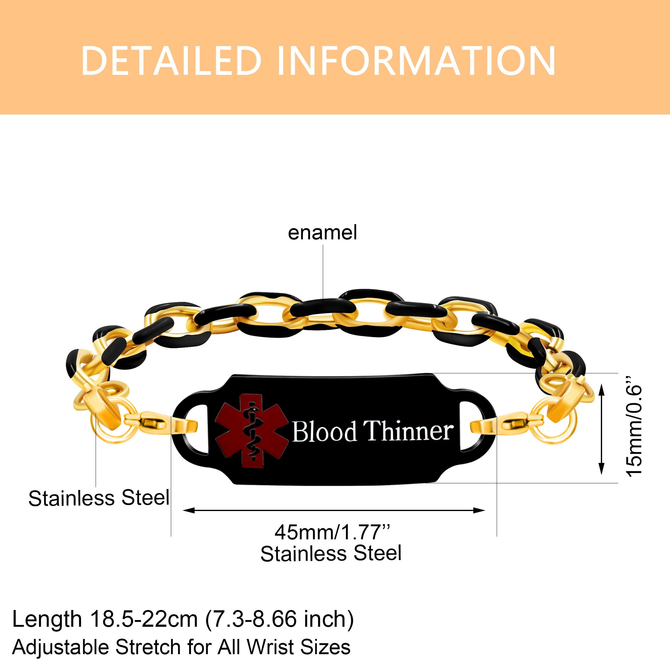 UJBOX DIY Custom Women Men Medical Alert Bracelets Black Enamal Gold Plated Stainless Steel 7.3in-8.66in Fashion Jewelry A5027