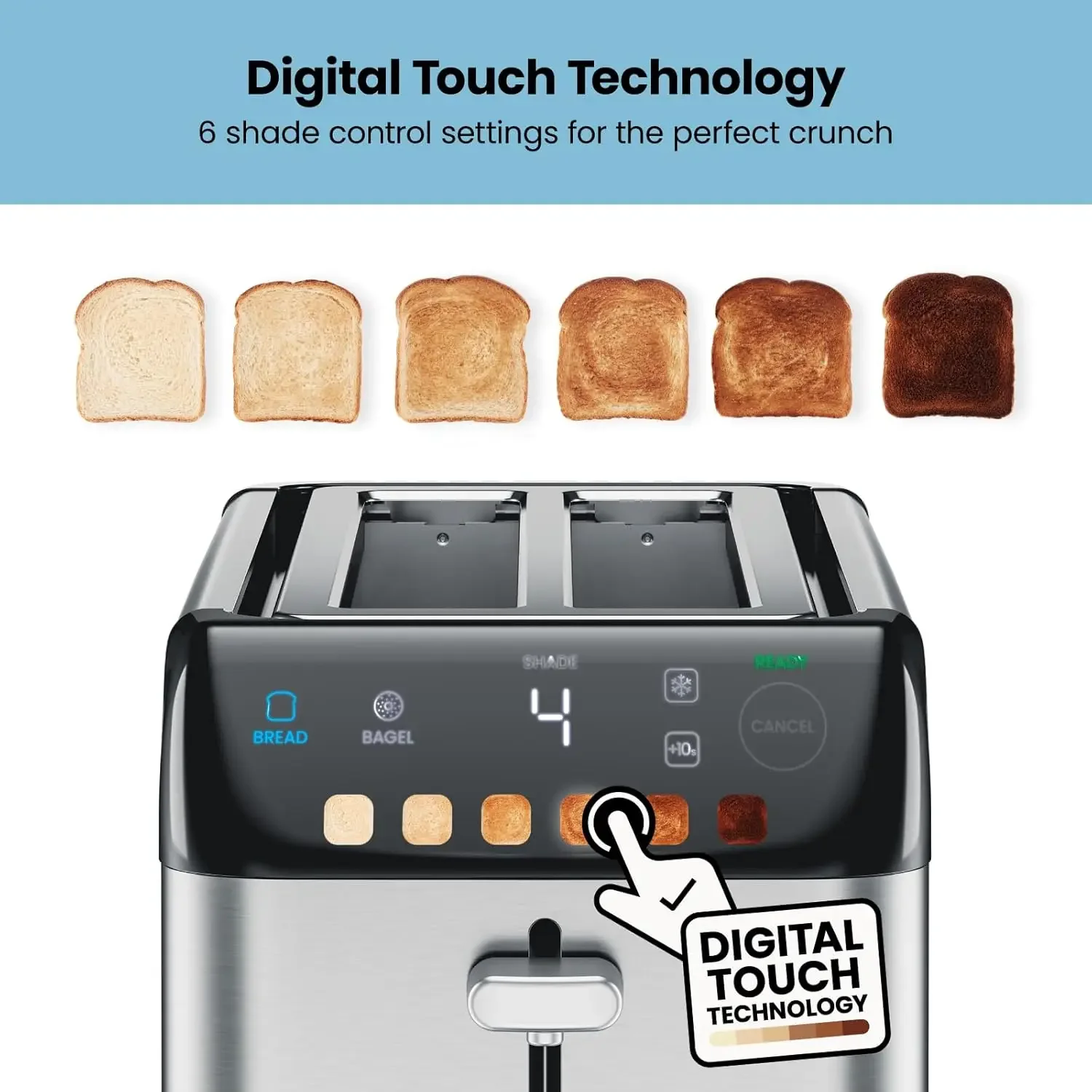 4 Slice Digital Toaster, 6 Shade Settings, Stainless Steel Toaster 4 Slice with Extra-Wide Slots, Thick Bread Toaster and Bagel