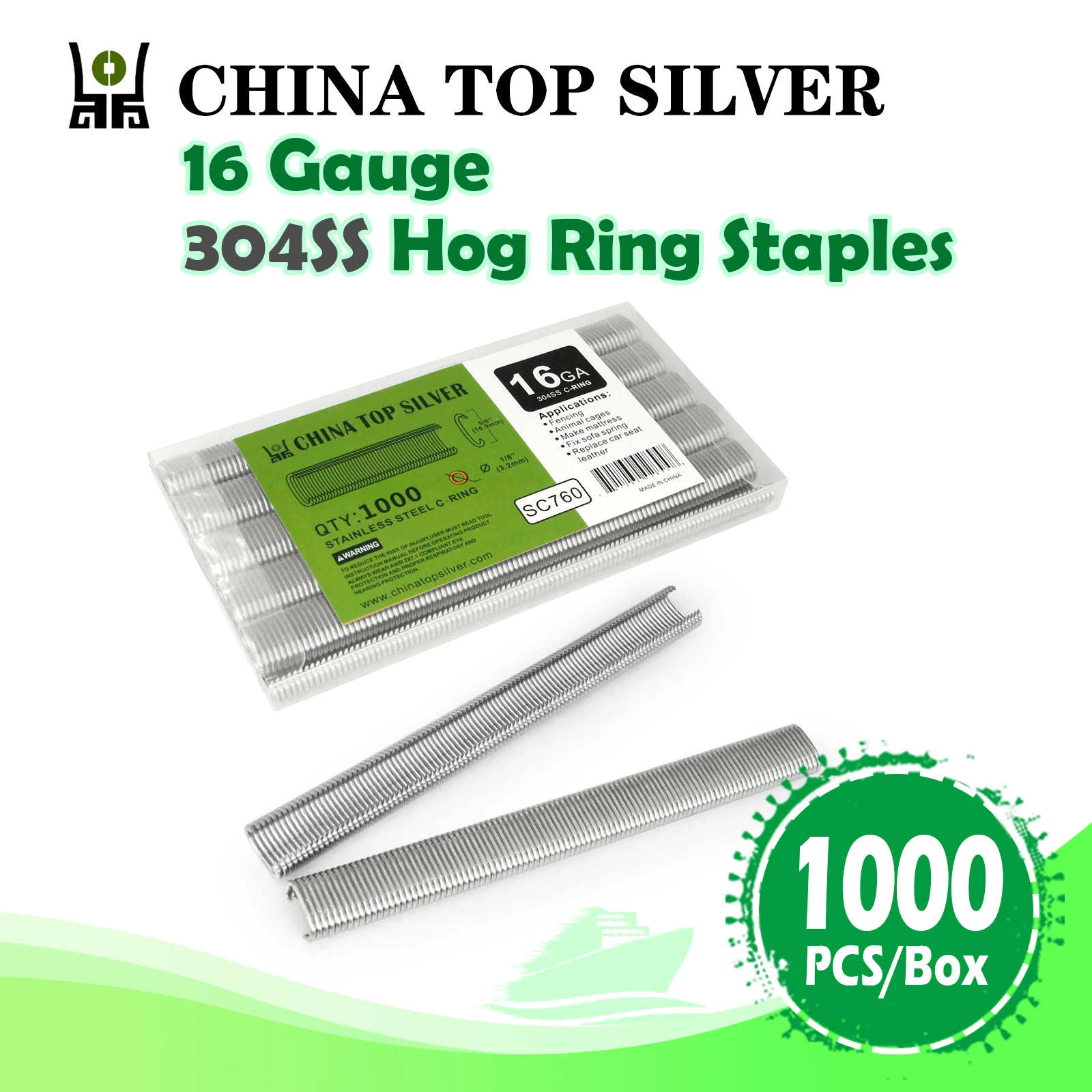 China-top Silver SC760 16 Gauge 12.5mm Inner Crown Galvanized Steel or 304SS Hog Ring Staples, for Fencing, Wire Cages, Seats