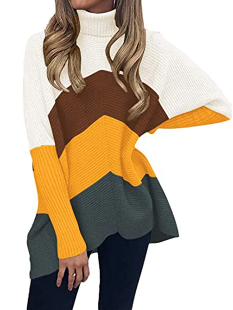 OMSJ Street Autumn Winter Bat Sleeve Color Patchwork Fashion Loose Pullover Sweater Female Warm Casual High Neck Knitting Jumper